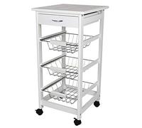 BAKAJI Chariot de Cuisine Peu encombrant en Bois MDF Blanc avec 3 paniers à Fruits en Acier, tiroir à Couverts Plateau d'appui carrelé et 4 Roues pivotantes 360 degrés 37 x 82 cm