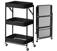 BAKAJI Chariot de Cuisine Pliable avec 3 étagères, 4 roulettes pivotantes à 360 degrés, avec Frein intégré en métal, Chariot Gain de Place, Dimensions 29 x 40 x 76 cm (Noir)