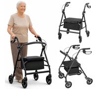 BAKAJI Déambulateur pliable avec assise pour personnes âgées, handicapées et personnes à mobilité réduite, Walker avec poignées ergonomiques, assistance avec freins et hauteur réglable 75-84 cm