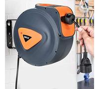 BAKAJI Enrouleur de câble électrique avec câble 10 m, prise Shucko, fixation murale, système de verrouillage automatique, gain de place, accessoire enrouleur de tuyau, rallonge électrique