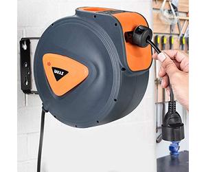 BAKAJI Enrouleur de câble électrique avec câble 10 m, prise Shucko, fixation murale, système de verrouillage automatique, gain de place, accessoire enrouleur de tuyau, rallonge électrique