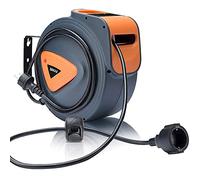 BAKAJI Enrouleur de câble électrique avec câble 15 m, prise Shucko, fixation murale, système de verrouillage automatique, gain de place,accessoire enrouleur de tuyau, rallonge électrique