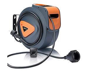 BAKAJI Enrouleur de câble électrique avec câble 15 m, prise Shucko, fixation murale, système de verrouillage automatique, gain de place,accessoire enrouleur de tuyau, rallonge électrique