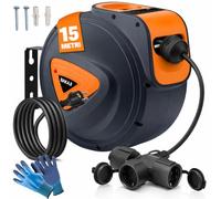 Bakaji Enrouleur de câble électrique avec câble prise Shucko fixation murale système verrouillage automatique, gain de place, rallonge électrique professionnelle et bricolage (15 m 3 prises)