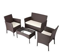 BAKAJI Ensemble Salon Complet de canapé 2 fauteuils et Table en Verre et rotin Structure en Acier galvanisé avec Coussins Amovibles décoration Jardin Terrazzo Design Moderne Couleur Marron