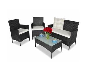BAKAJI Ensemble Salon Complet de canapé 2 fauteuils et Table en Verre et rotin Structure en Acier galvanisé avec Coussins Amovibles décoration Jardin Terrazzo Design Moderne Couleur Noir
