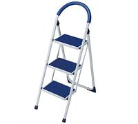 Bakaji Escabeau pliable peu encombrant avec marches antidérapantes et poignée de sécurité, tabouret échelle structure en acier et revêtement en caoutchouc, charge maximale 150 kg (3 marches bleues)