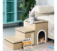 BAKAJI Escaliers pour Chiens et Chats 3 en 1 Pliable en Polyester Beige, échelle pour Animaux domestiques, Multifonction, échelle de Compartiment de Rangement et de Niche, marches ergonomiques, Fond