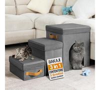 BAKAJI Escaliers pour Chiens et Chats 3 en 1 Pliable en Velours néerlandais Gris, échelle pour Animaux domestiques, Multifonction, échelle Compartiment de Rangement et Niche, marches ergonomiques