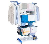 BAKAJI Étendoir à Linge à Tour en Acier et ABS de Grande capacité, modulable, Pliable, économe en Espace, Pliable, Extensible à Linge Antichoc (Bleu et Blanc)