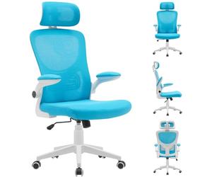 BAKAJI Fauteuil d'étude Bureau Ergonomique en Tissu Respirant, Anti-Transpiration, Dossier avec Support Lombaire et appuie-tête, Hauteur réglable à gaz 116-126 cm (Azur)