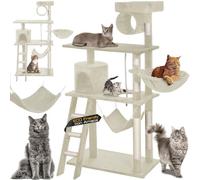 BAKAJI Grattoir, Arbre à Chat, Arbre d'escalade avec hamac, colonnes en sisal, Stable et Extra Large, abris, escalier, Jeu en sisal et Corde de Jeu, Hauteur de 143 cm, Beige