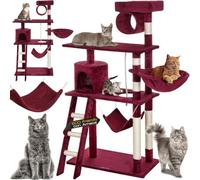 BAKAJI Grattoir, Arbre à Chat, Arbre d'escalade avec hamac, colonnes en sisal, Stable et Extra Large, abris, escalier, Jeu en sisal et Corde de Jeu, Hauteur de 143 cm, Rouge