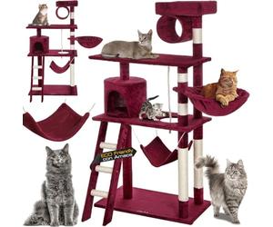 BAKAJI Grattoir, Arbre à Chat, Arbre d'escalade avec hamac, colonnes en sisal, Stable et Extra Large, abris, escalier, Jeu en sisal et Corde de Jeu, Hauteur de 143 cm, Rouge