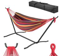 BAKAJI Hamac de Jardin brésilien avec Support en Acier avec Sac de Transport, Peu encombrant, Cadre Confortable, Multicolore et Structure résistante, capacité de Charge 200 kg, idéal pour l'extérieur