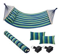 Bakaji Hamac de Jardin Double 2 Places 232 x 148 cm Barres transversales en Bois Revêtement en Poli Coton avec 2 Coussins et Sangles Design Moderne pour Jardin Terre Camping (Bleu)