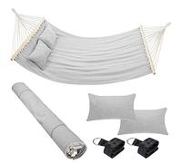 Bakaji Hamac de Jardin Double 2 Places 232 x 148 cm Barres transversales en Bois Revêtement en Polycoton avec 2 Coussins et Sangles Design Moderne pour Jardin Terre Camping (Gris Clair)