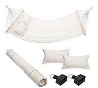 Bakaji Hamac de Jardin Double 2 Places 232 x 148 cm Barres transversales en Bois Revêtement en Polycoton avec 2 Coussins et Sangles Design Moderne pour Jardin Terre Camping (Beige)