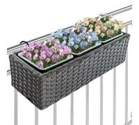 BAKAJI Jardinière Effet rotin avec Crochets et Anneaux pour Balcon, Pot de Fleurs de Balcon et Table pour extérieur et intérieur, Support avec 3 Compartiments résistant aux Rayons UV, 49 x 19 x 15 cm