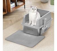 BAKAJI Litière pour Chat XL Ouverte avec Base en Acier avec Bord Anti-Sable, Pelle pour Collecte, Tapis Anti-saleté, Base antidérapante, capacité 25 litres, Couleur Grise, 50 x 35 x 30 cm