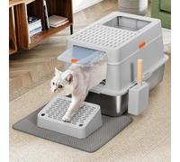 BAKAJI Litière pour Chat XXL avec Base en Acier et Porte verrouillable, Repose-Pieds Anti-sableuse, Pelle de Collecte avec récipient et Tapis Anti-saleté, capacité 35 litres, 60 x 40 x 38,5 cm