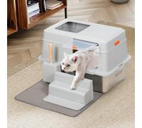 BAKAJI Litière pour Chat XXL avec Base en Acier Inoxydable de 35 litres et échelle Anti-Sable, Porte Transparente avec Bloc, Pelle avec récipient, Tapis Anti-saleté 60 x 40 x 39 cm