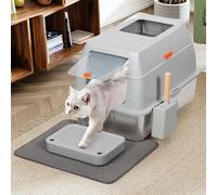 BAKAJI Litière pour Chat XXL avec Base en Acier Inoxydable de 35 litres et Porte Transparente verrouillable, Repose-Pieds Anti-Sable, Pelle avec récipient et Tapis Anti-salissure, 40 x 60 x 39 cm