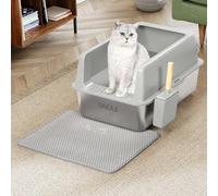 BAKAJI Litière pour Chat XXL Ouverte avec Base en Acier, Bord Anti-Sable, Pelle Collecte et conteneur, Tapis Anti-saleté, Base antidérapante, capacité 35 L, Couleur Grise, 60 x 40 x 30 cm
