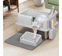 BAKAJI Litière pour Chat XXL Semi-Ouverte avec Base en Acier Inoxydable, capacité 35 litres et Repose-Pieds Anti-sableuse, Pelle avec récipient et Tapis Anti-salissure, 60 x 40 x 30 cm
