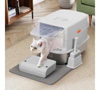 BAKAJI Litière pour Chats XXL avec Base en Acier de 36 litres et Repose-Pieds Anti-Sable, Filtre au Charbon Anti-Odeur, Porte Transparente, Pelle avec récipient, Tapis Anti-salissure, 58 x 42 x 40 cm