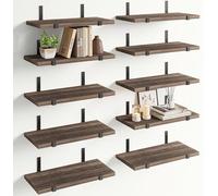 BAKAJI Lot de 10 étagères flottantes murales en Bois, étagères murales Multi-usages avec Supports en métal, idéales pour Chambre à Coucher, Salon, Cuisine, Salle de Bains, bibliothèque, Peu