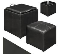 BAKAJI Lot de 2 poufs de Rangement en Simili Cuir de Couleur Noire avec Couvercle 2 en 1 Transformable Plateau de Service, Tabouret avec Compartiment Multi-usages, Rembourrage Confortable,
