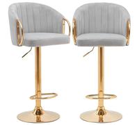 BAKAJI Lot de 2 tabourets de Cuisine avec Hauteur réglable et revêtement en Tissu, chaises de Bar, Restaurants avec Structure dorée et Repose-Pieds, Tabouret pivotant Dossier Confort rembourré (Gris)