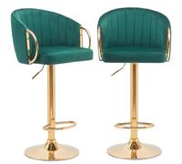 BAKAJI Lot de 2 tabourets de cuisine avec hauteur réglable et revêtement en tissu, chaises de bar, restaurants avec structure dorée et repose-pieds, tabouret pivotant dossier confort rembourré (vert)