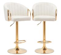 BAKAJI Lot de 2 tabourets de cuisine avec hauteur réglable et revêtement en tissu, chaises de bar, restaurants avec structure dorée et repose-pieds, tabouret pivotant dossier confort rembourré (crème)