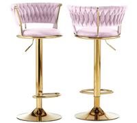 BAKAJI Lot de 2 tabourets de Cuisine avec revêtement en Velours et Dossier tressé et Hauteur réglable, chaises de Bar, Restaurant, Structure pivotante en Or avec Repose-Pieds, Design Moderne (Rose)