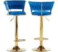 BAKAJI Lot de 2 tabourets de Cuisine avec revêtement en Velours et Dossier tressé et Hauteur réglable, chaises de Bar, Restaurant, Structure pivotante en Or avec Repose-Pieds, Design Moderne (Bleu)