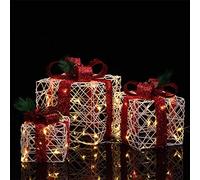 BAKAJI Lot de 3 paquets de cadeaux lumineux de Noël avec décorations décoratives lumières menées de Noël, boîte lumineuse en rotin de Noël, boîtes avec lumières festives, kit décorations de Noël
