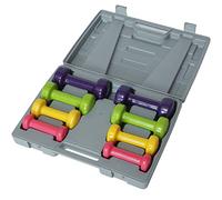 BAKAJI Lot de 8 haltères de gym avec mallette (2 x 0,5 kg + 2 x 1 kg + 2 x 1,5 kg + 2 x 2 kg), poids fitness revêtement en caoutchouc mousse, ergonomique, antirouille, antidérapant
