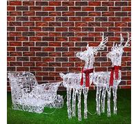 BAKAJI Luge et Rennes de Noël 3D Lumineuses 240 lumières LED Blanc Froid Char de Noël pour extérieur de Jardin à Piles 7 Effets Lumineux Hauteur de Rennes 68 cm traîneau 35 cm