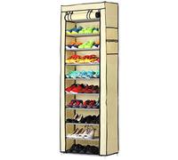 BAKAJI Armoire à chaussures gain de place 11 étagères 60 x 30 x 175 cm jusqu'à 30 paires de chaussures, structure en acier et revêtement en tissu TNT imperméable avec fermeture éclair anti-poussière (beige), métal, unique