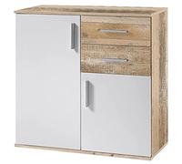 BAKAJI Meuble Buffet avec 2 tiroirs Double Porte et 2 étagères intérieures, Armoire multifonctionnelle, Cuisine, Salle de Bain, Bureau, Dimensions 82 x 35 x 80 cm (Blanc et chêne Effet Bois)