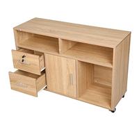 BAKAJI Meuble Multifonction pour imprimante en Bois avec 3 étagères, 2 tiroirs avec clé et 1 Armoire avec Compartiments, Meuble de Bureau avec roulettes Mobiles, 100 x 35 x 65 cm (chêne)