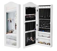 BAKAJI Miroir à bijoux mural armoire à bijoux avec porte porte-objets et miroir intérieur, armoire à bijoux, couleur blanche (96 x 35 x 9,5 cm)