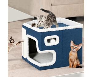 BAKAJI Niche pour Chat Pliable avec Grande entrée, abris pour Animaux domestiques, griffoir en Polyester Chaud et rembourré, lit rayé, Base antidérapante 42 x 42 x 33 cm (Bleu)