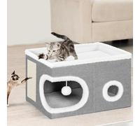BAKAJI Niche pour chats avec entrée ronde et bordure en laine, abrite pour animaux domestiques, griffoir en polyester chaud et rembourré, lit rayé, base antidérapante 58 x 42 x 33 cm (gris)