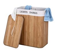 BAKAJI Panier à Linge Sale à Double Compartiment à Linge 2 espaces en Bambou et Tissu capacité 100 l - 52 x 32 x 63 cm