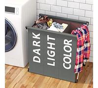 BAKAJI Panier à linge sale à linge 3 compartiments structure en métal pliable et sac en tissu décoration Sritta récipient peu encombrant avec couvercle (gris foncé)
