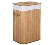 Bakaji Panier à linge sale à linge maison en bois de bambou et tissu récipient pliable peu encombrant avec couvercle et poignées, capacité 70 l, dimensions 40 x 30 x 60 cm (naturel)