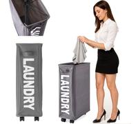 BAKAJI Panier à linge sale à linge Slim gain de place pliable en tissu, décoration écrite avec fermeture à maille, poignée et 4 roues, taille 39 x 20 x 56 cm (gris)